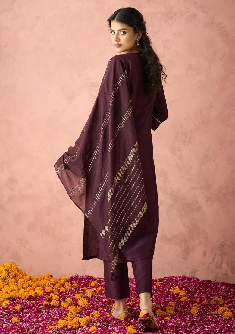 Purple Yoke Design Silk Kurta Set - Indya