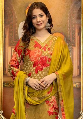 Yellow Printed Silk Kurta Set