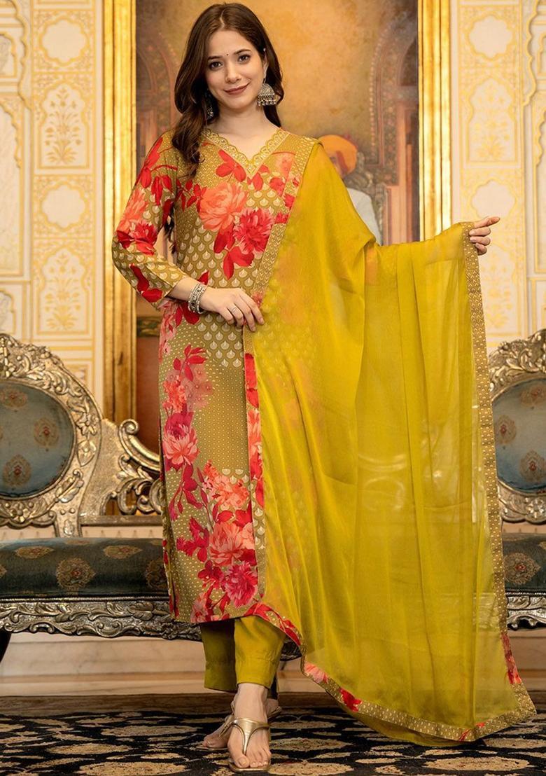 Yellow Printed Silk Kurta Set - Indya