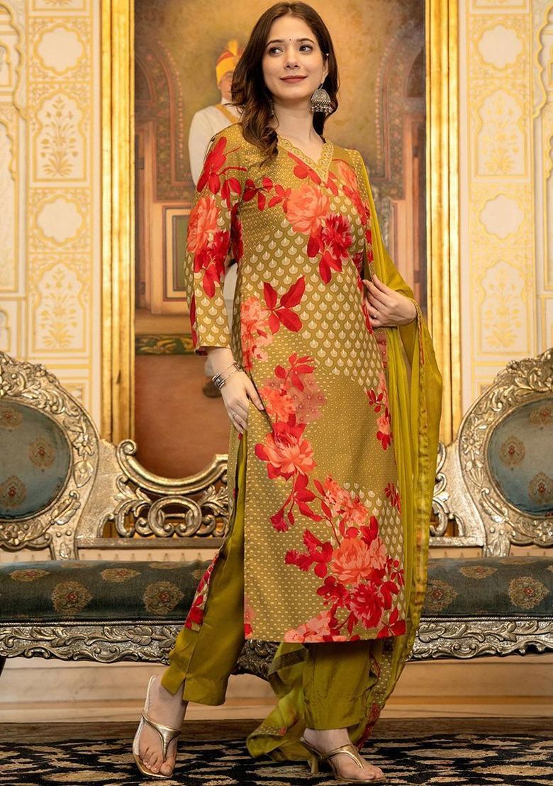 Yellow Printed Silk Kurta Set - Indya