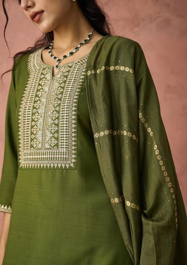 Green Embroidered Cotton Kurta Set - Indya