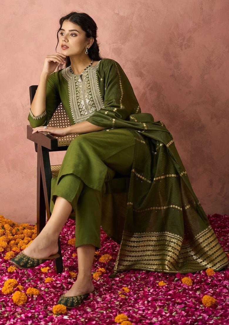 Green Embroidered Cotton Kurta Set - Indya