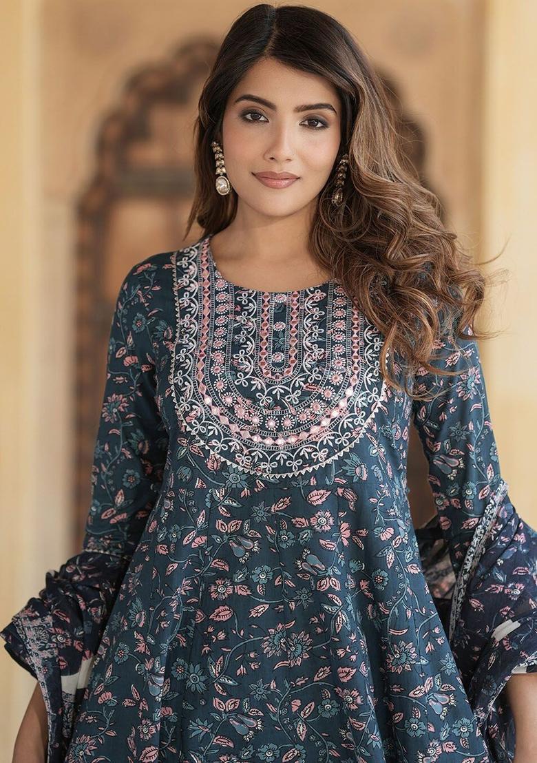 Blue Embroidered Cotton Kurta Set - Indya