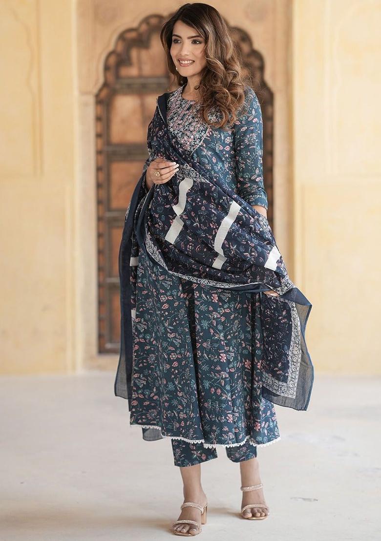 Blue Embroidered Cotton Kurta Set - Indya