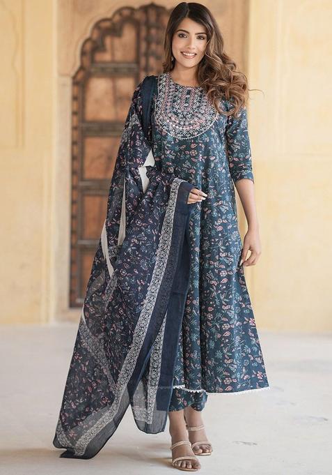Blue Embroidered Cotton Kurta Set — view on Indya