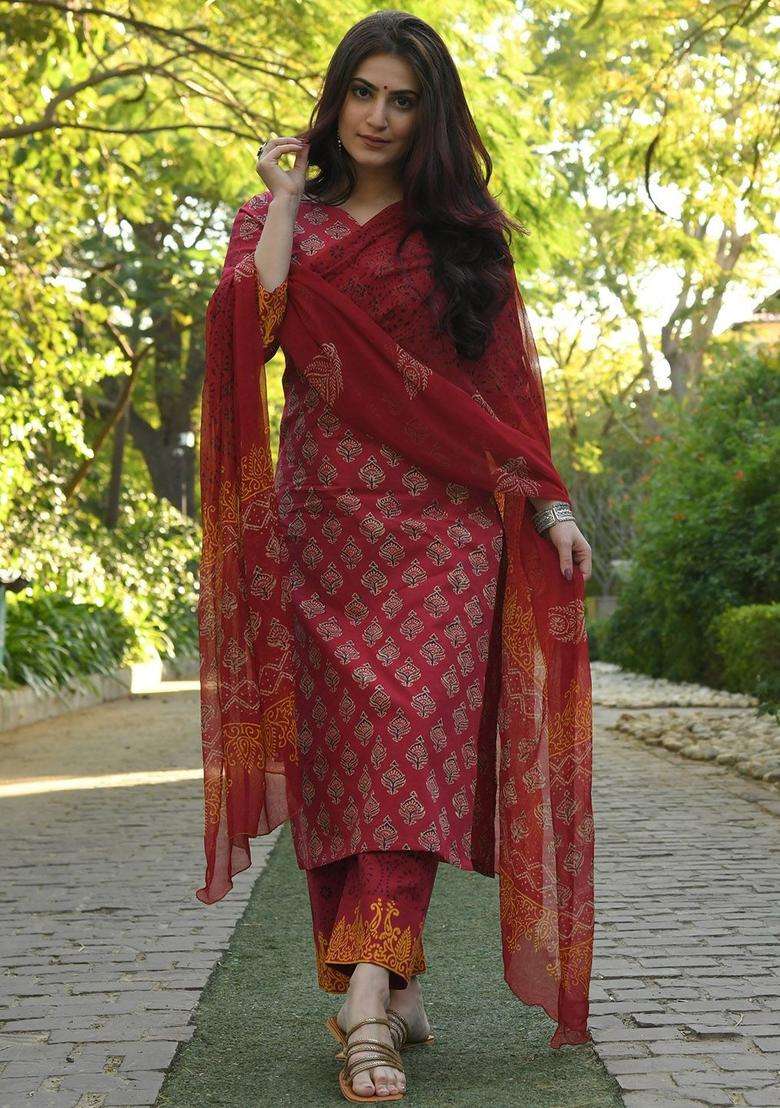 Maroon Printed Viscose Kurta Set - Indya