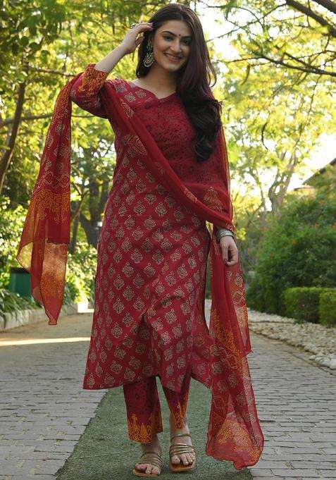 Maroon Printed Viscose Kurta Set