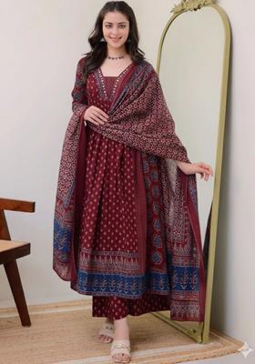 Maroon Printed Viscose Kurta Set