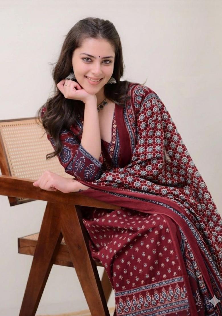 Maroon Printed Viscose Kurta Set - Indya