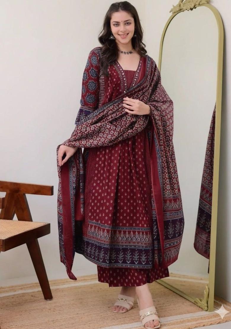 Maroon Printed Viscose Kurta Set - Indya