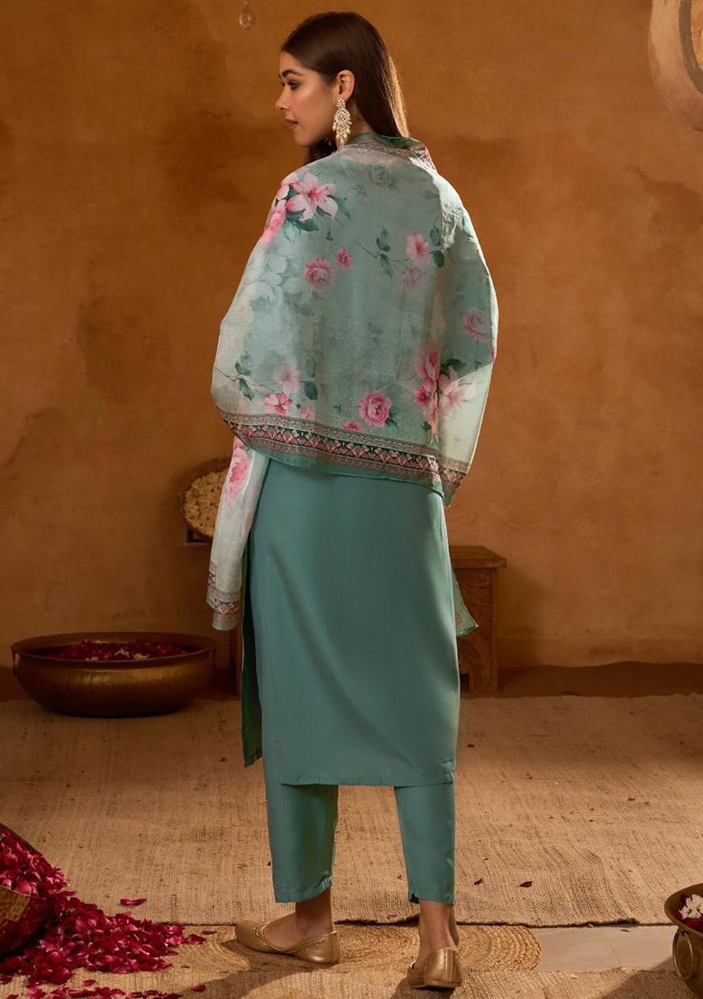 Olive Embroidered Viscose Kurta Set - Indya