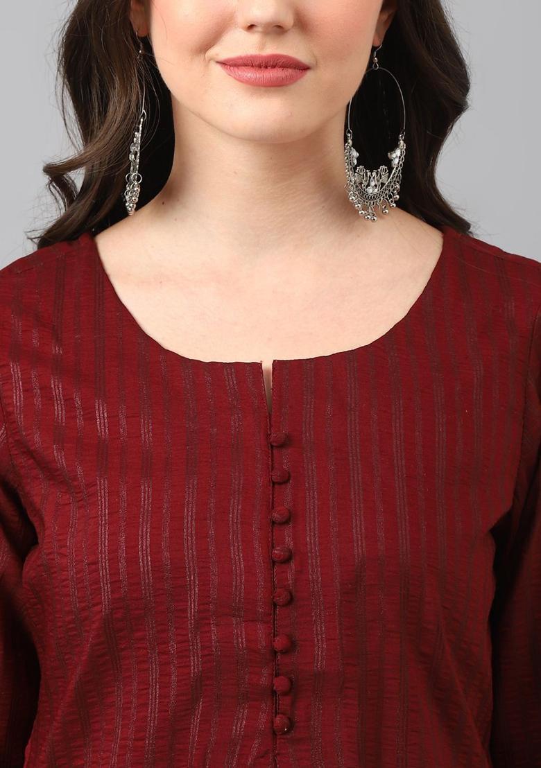 Maroon Striped Cotton Kurta Set - Indya