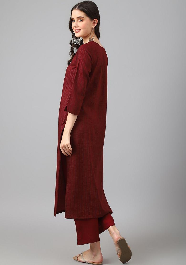 Maroon Striped Cotton Kurta Set - Indya