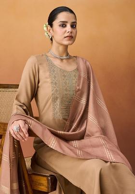 Beige Embroidered Cotton Kurta Set