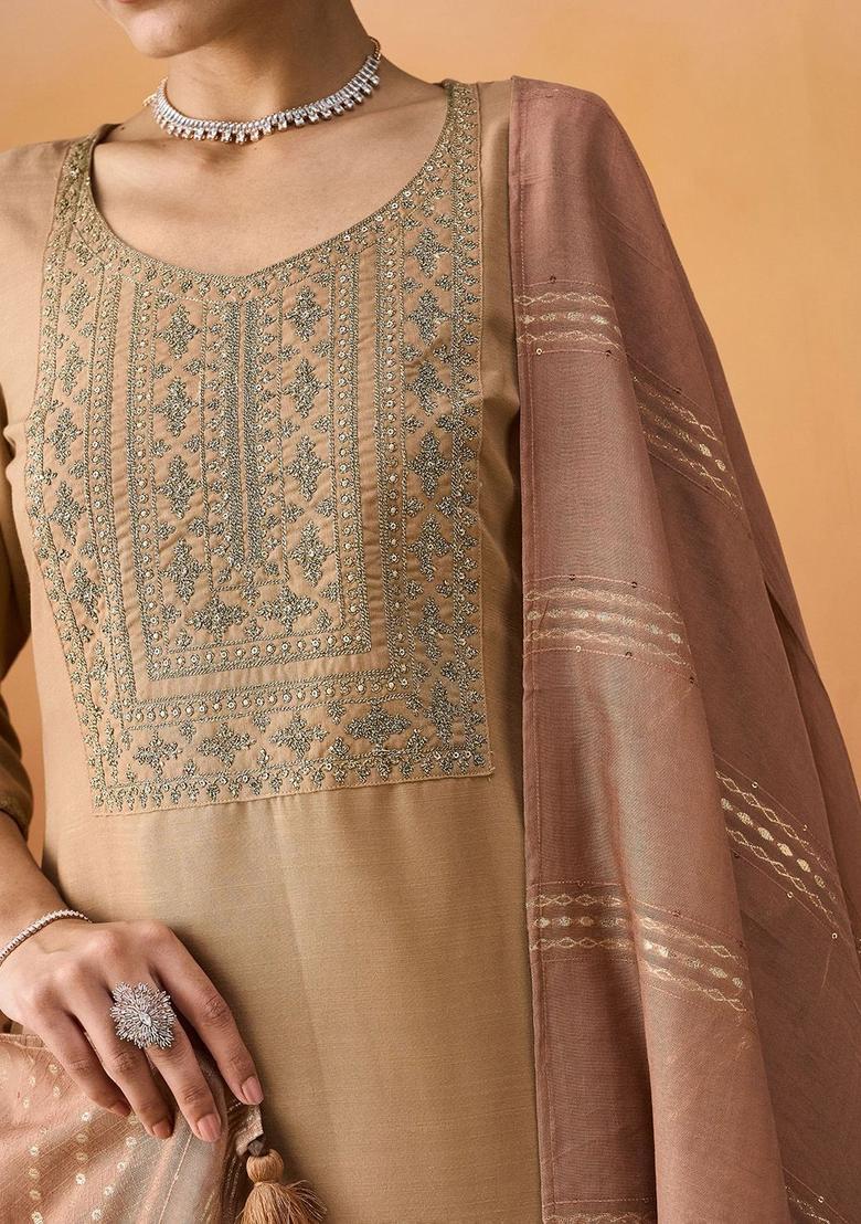 Beige Embroidered Cotton Kurta Set - Indya