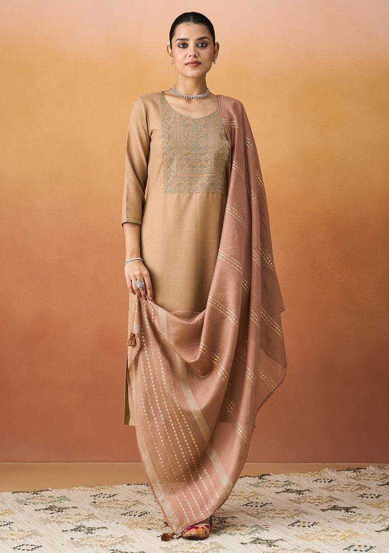Beige Embroidered Cotton Kurta Set - Indya