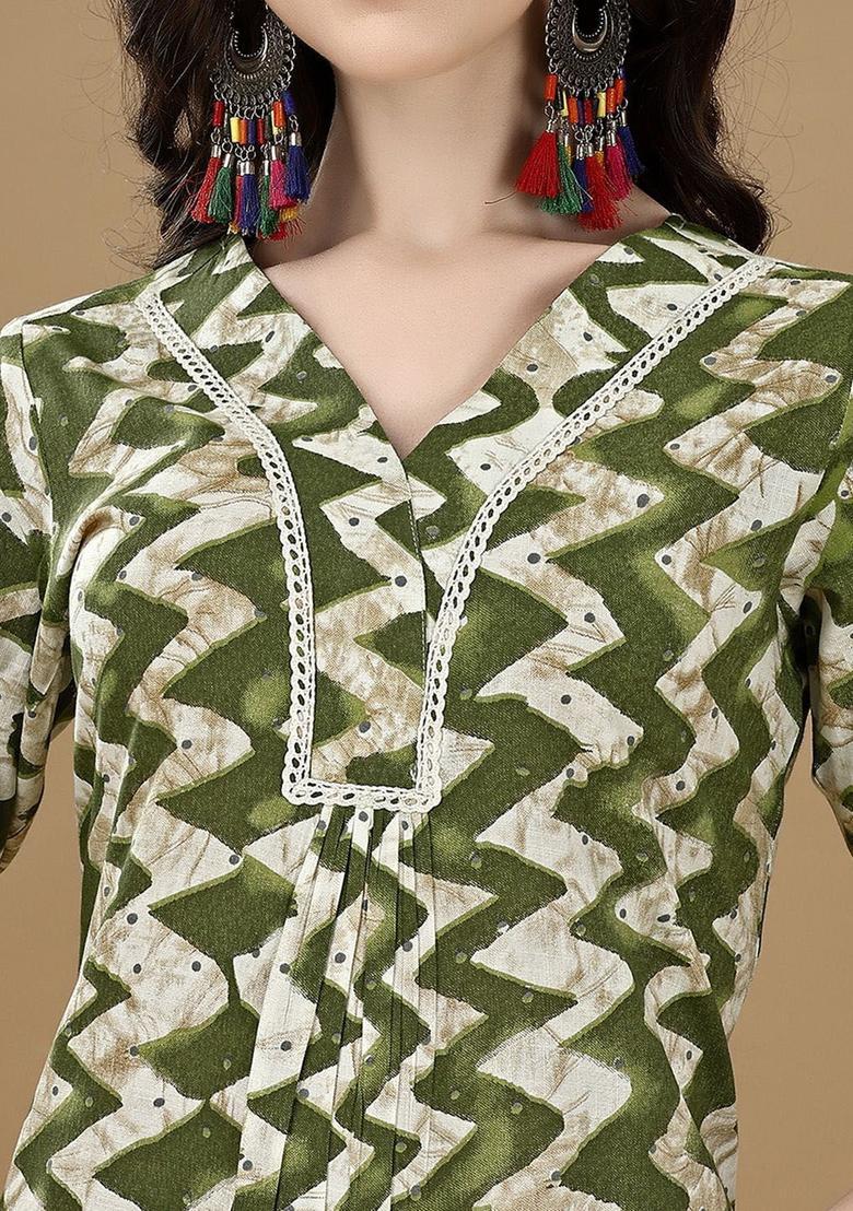 Green Printed Cotton Kurta Set - Indya
