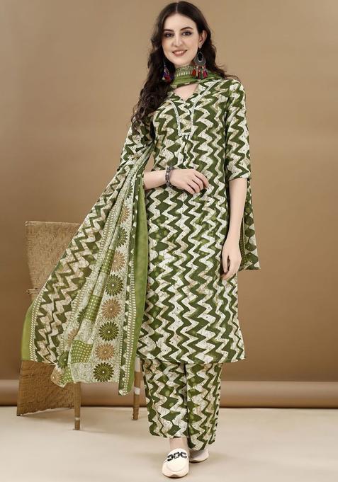 Green Printed Cotton Kurta Set — view on Indya