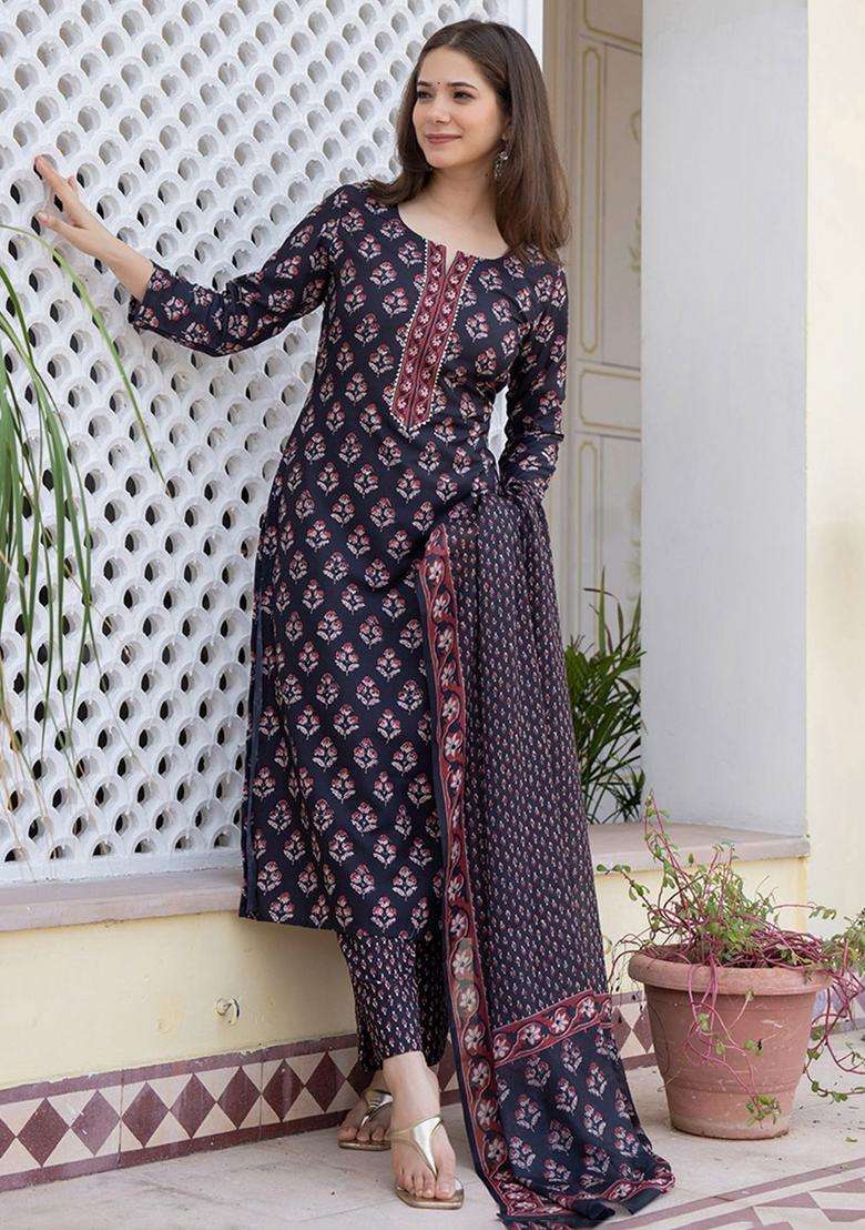 Black Printed Viscose Kurta Set - Indya