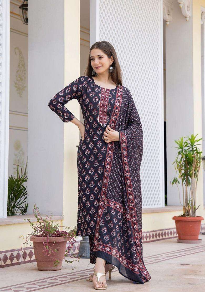 Black Printed Viscose Kurta Set - Indya