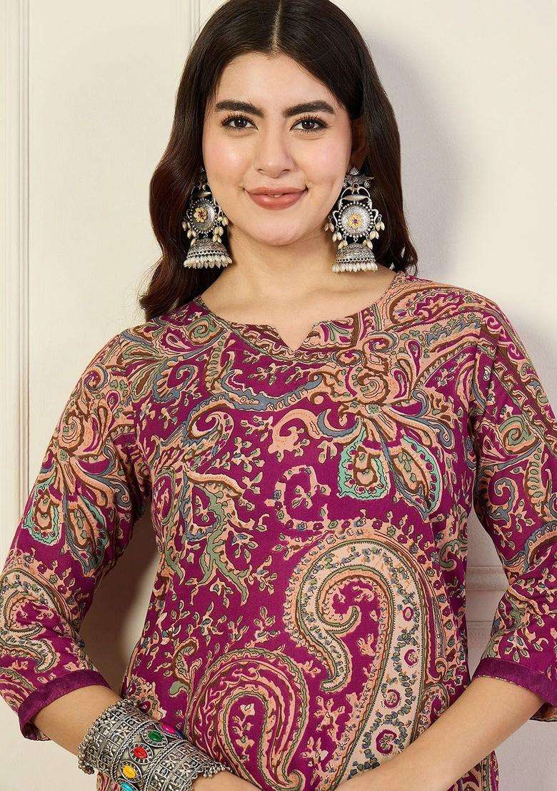 Maroon Printed Viscose Kurta Set - Indya