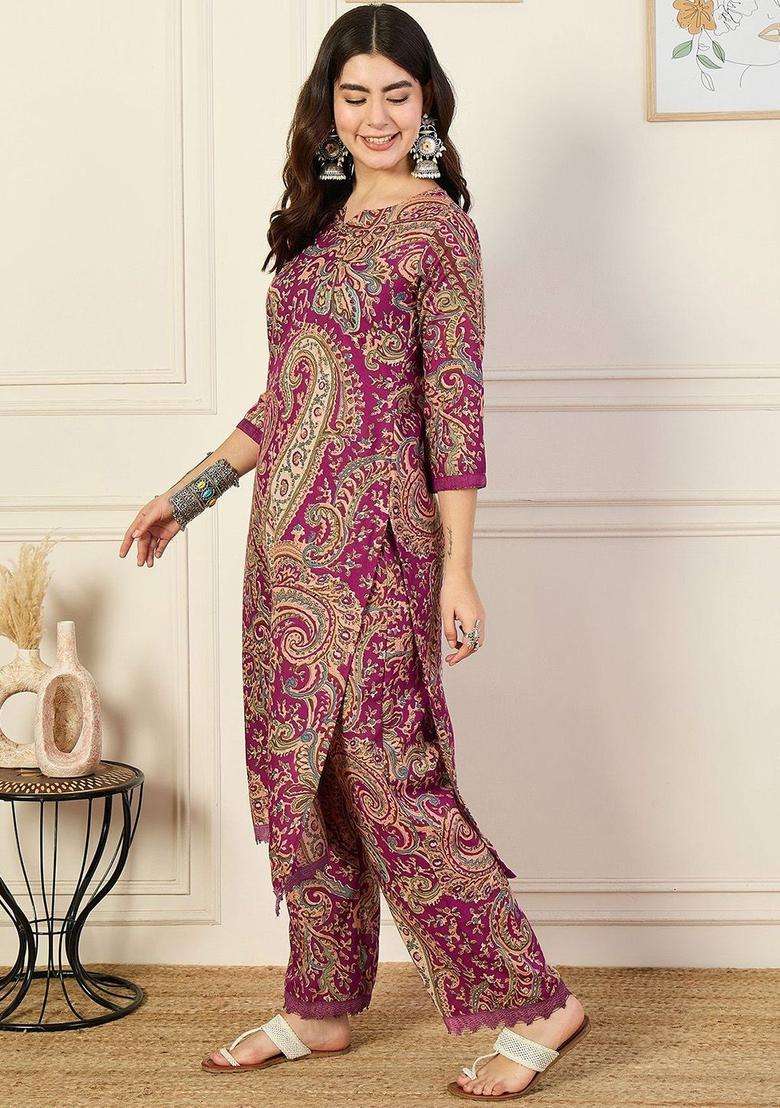 Maroon Printed Viscose Kurta Set - Indya