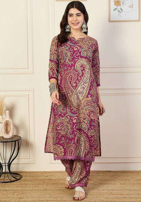 Maroon Printed Viscose Kurta Set