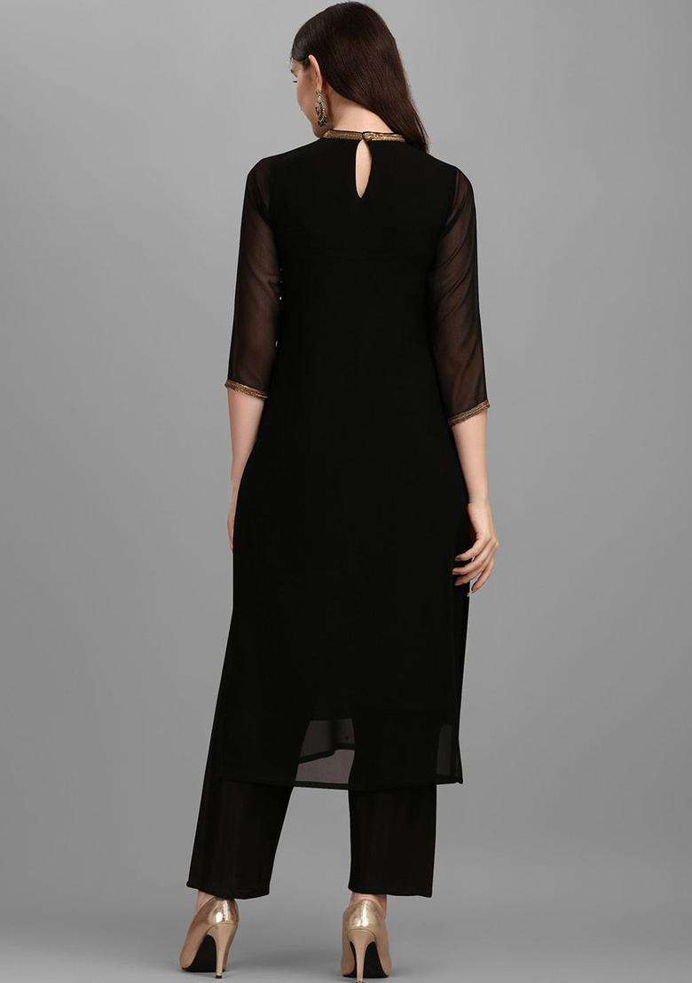 Black Embroidered Cotton Kurta Set - Indya