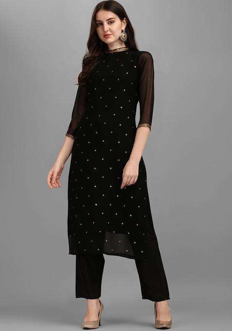 Black Embroidered Cotton Kurta Set