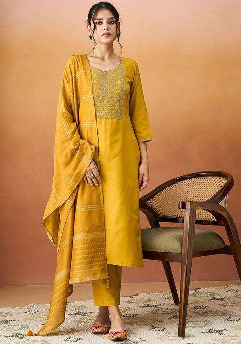 Yellow Yoke Design Cotton Kurta Set