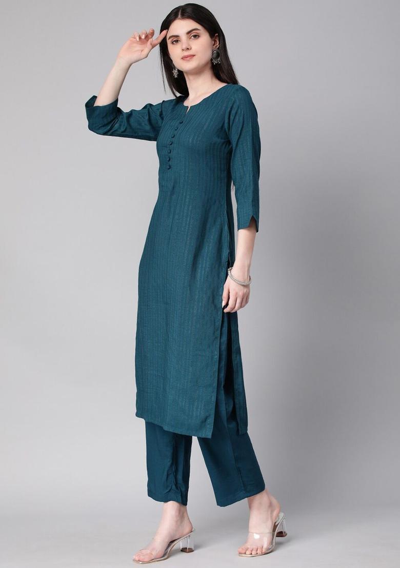Blue Woven Design Cotton Kurta Set - Indya