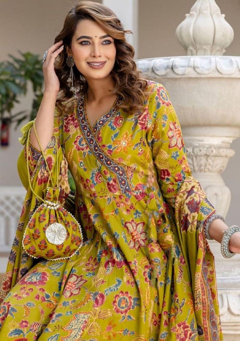Yellow Printed Viscose Kurta Set - Indya