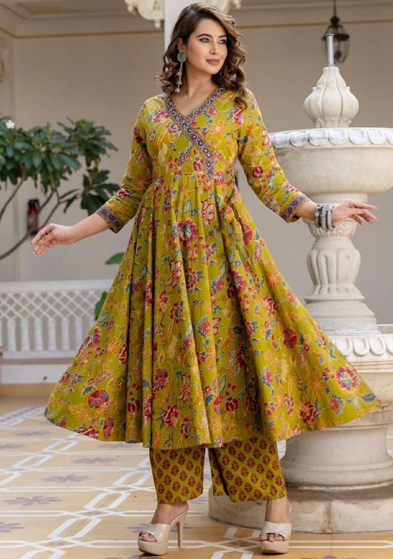 Yellow Printed Viscose Kurta Set - Indya