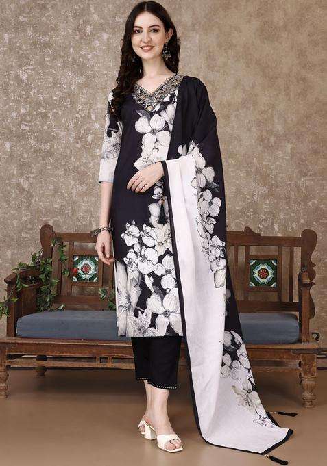 Black Embroidered Cotton Kurta Set