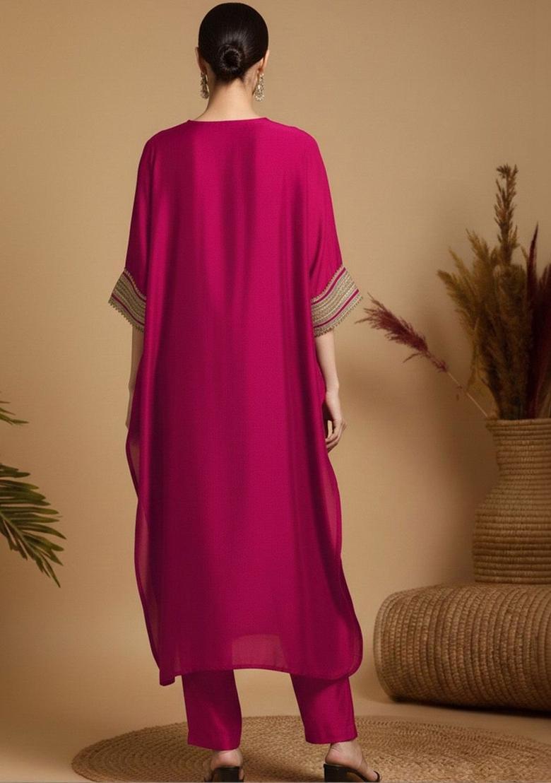 Purple Solid Chinon Kurta Set - Indya