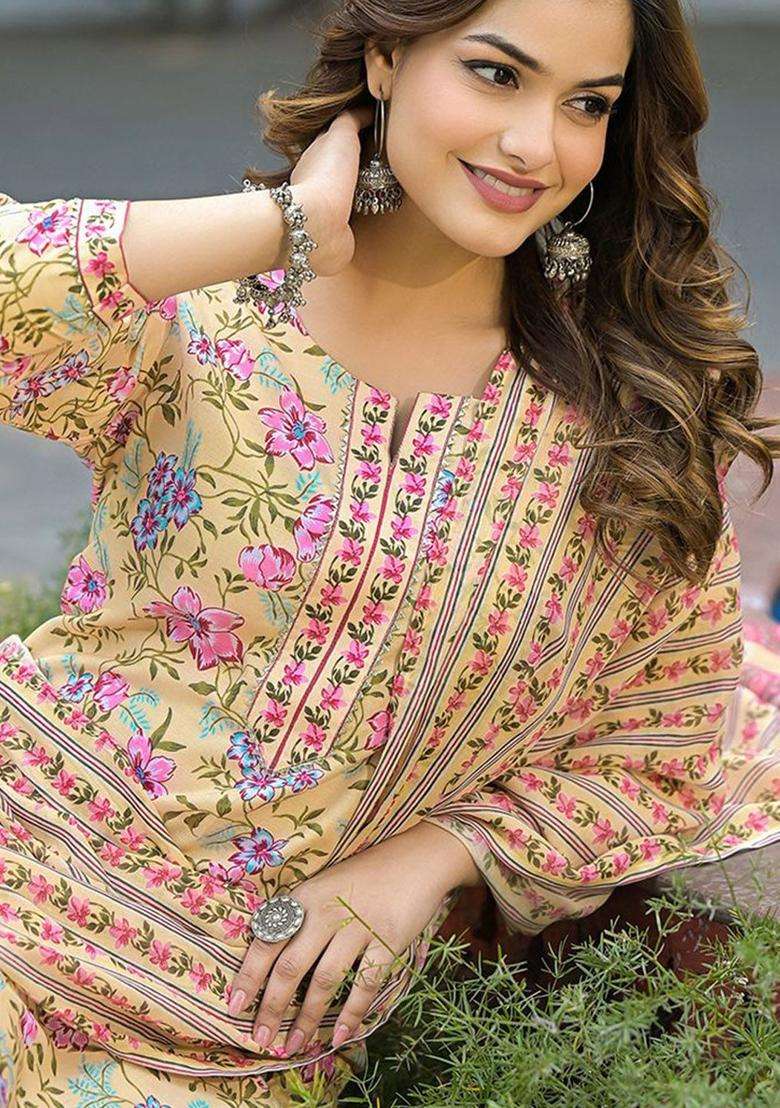 Yellow Printed Viscose Kurta Set - Indya