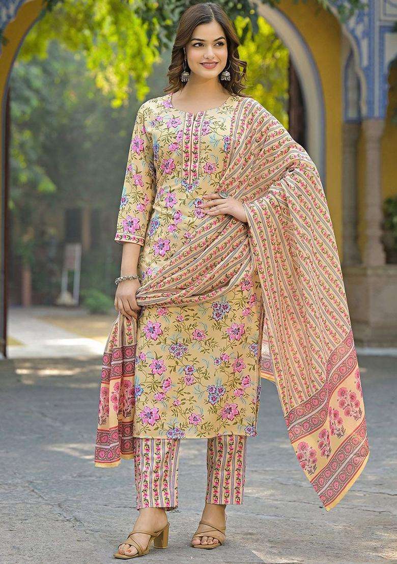 Yellow Printed Viscose Kurta Set - Indya