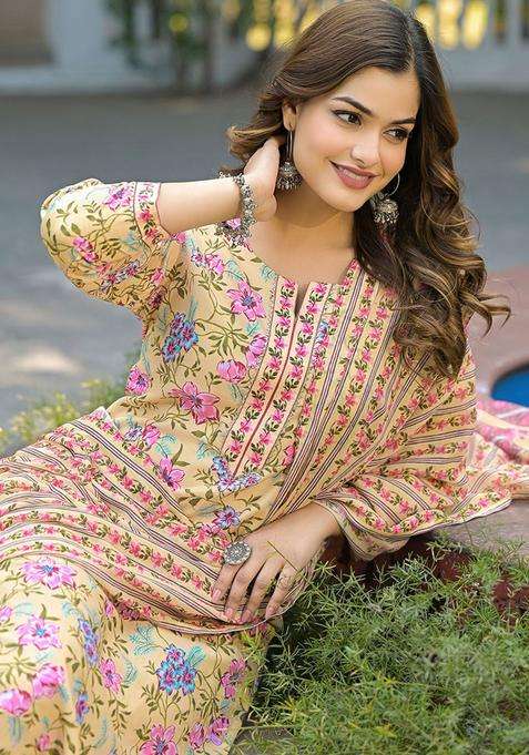 Yellow Printed Viscose Kurta Set