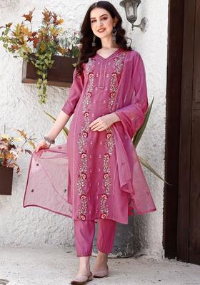 Purple Embroidered Cotton Kurta Set