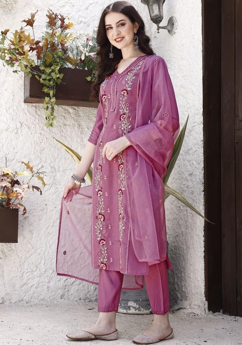 Purple Embroidered Cotton Kurta Set - Indya