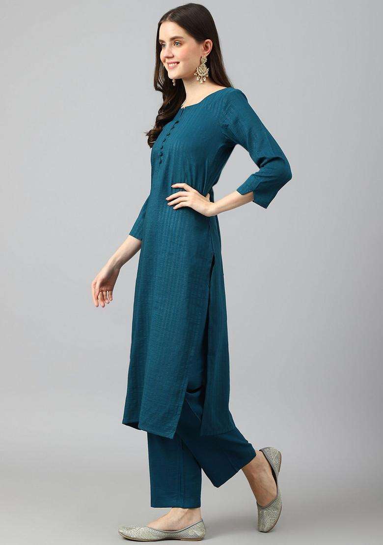 Blue Striped Cotton Kurta Set - Indya