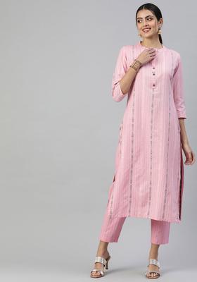 Pink Woven Design Cotton Kurta Set