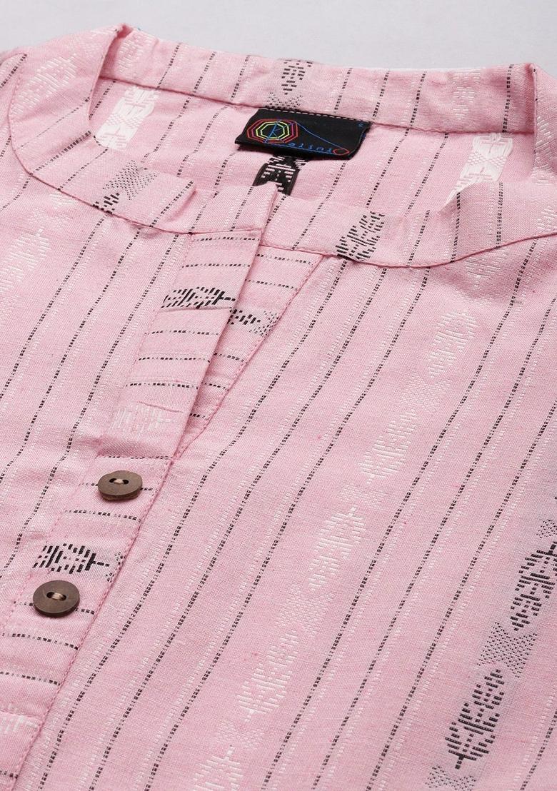 Pink Woven Design Cotton Kurta Set - Indya