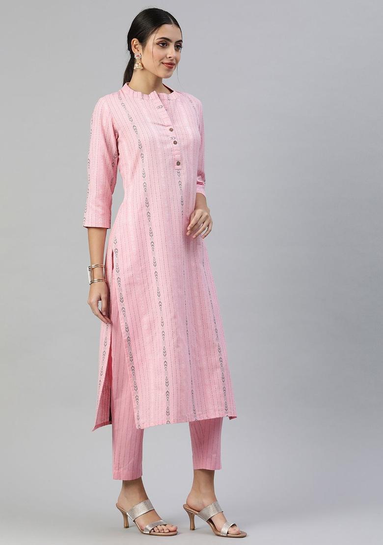 Pink Woven Design Cotton Kurta Set - Indya