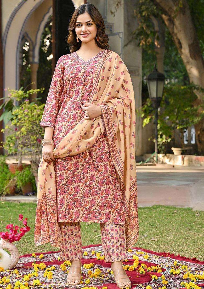 Yellow Printed Viscose Kurta Set - Indya