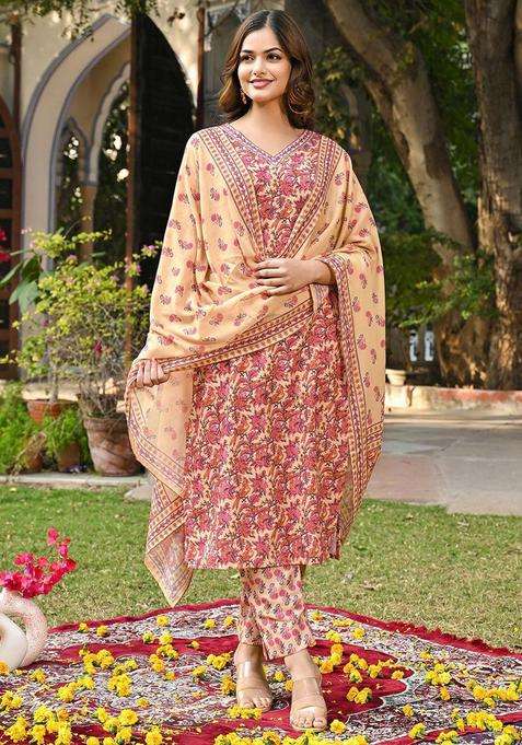 Yellow Printed Viscose Kurta Set
