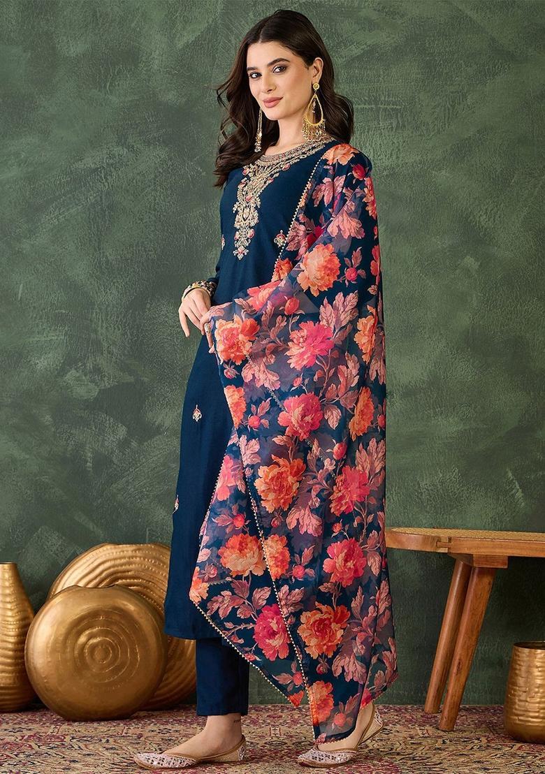 Blue Embroidered Viscose Kurta Set - Indya