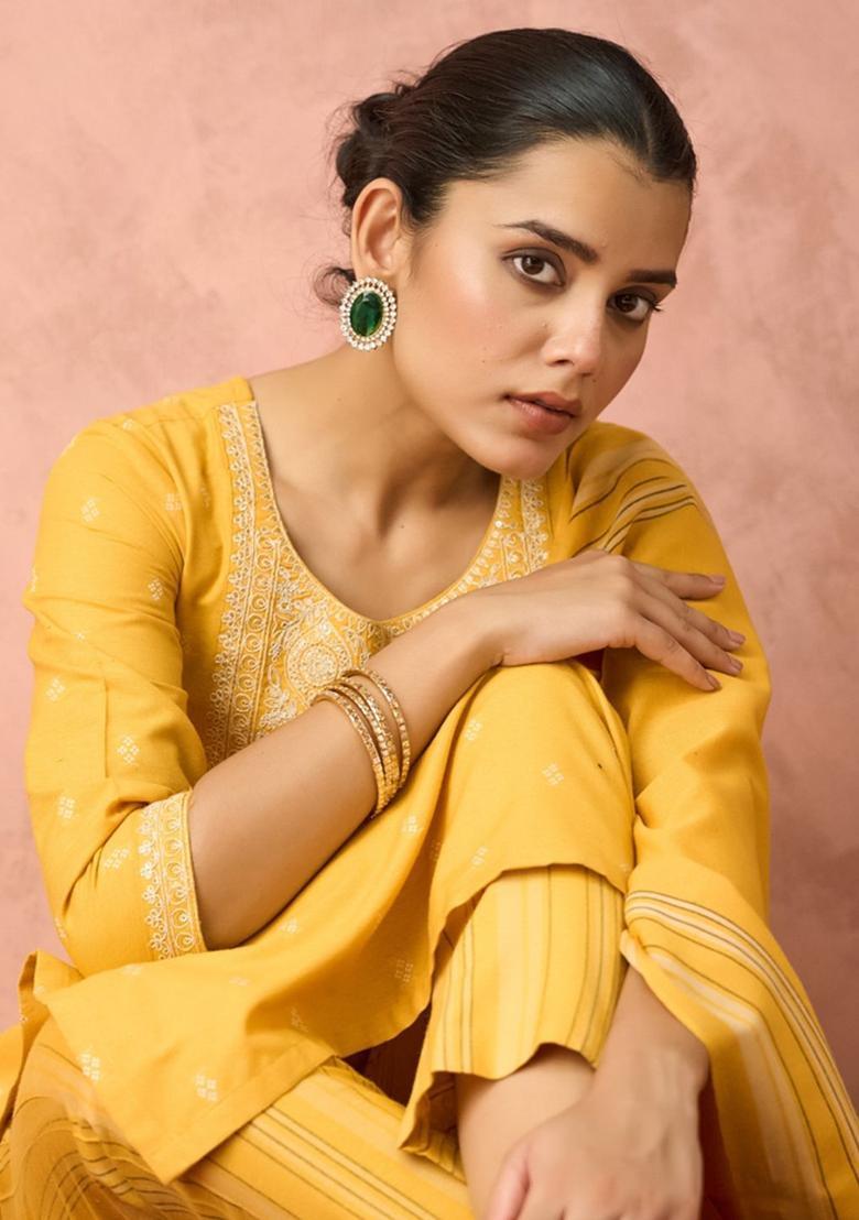 Yellow Embroidered Cotton Kurta Set - Indya