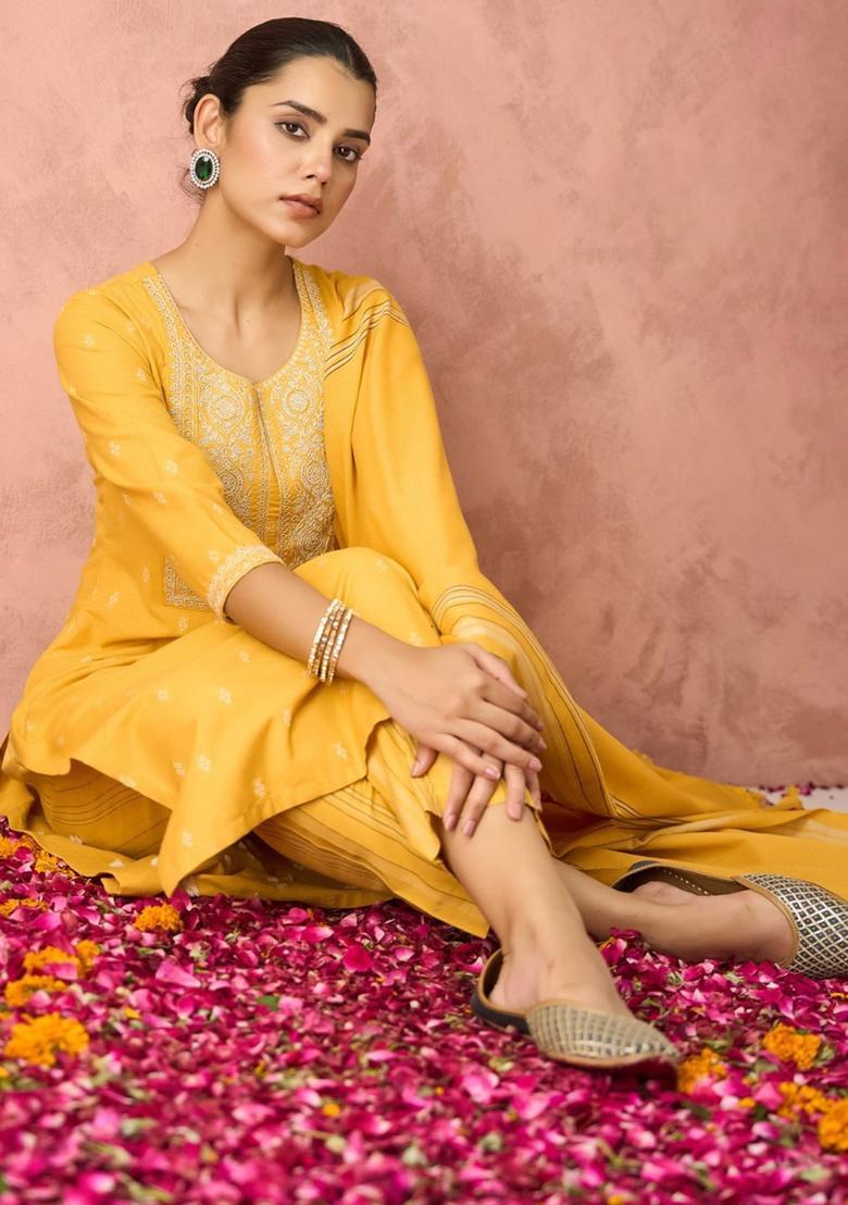 Yellow Embroidered Cotton Kurta Set - Indya