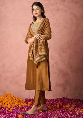 Brown Yoke Design Silk Blend Kurta Set